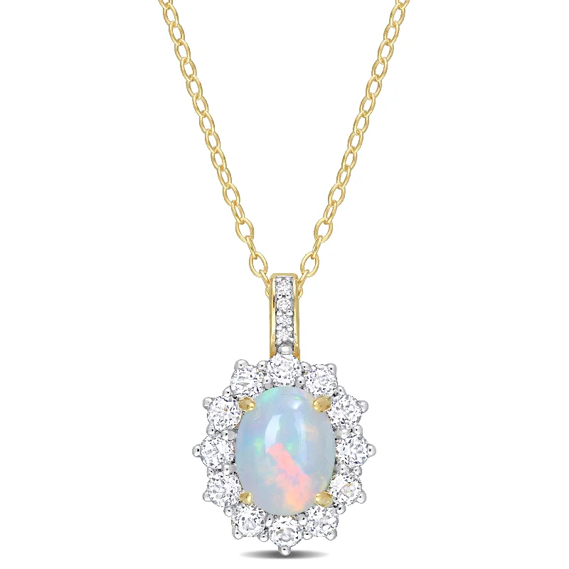 Flash Deals On Fine Jewelry – Shop Before It's Gone Casual Chic 2 1/6 CT TGW Oval Shape Blue Ethiopian Opal and White Topaz and Diamond Accent Halo Pendant with Chain in Yellow Plated Sterling Silver Flash Deals On Fine Jewelry – Shop Before It's Gone Casual Chic 2 1/6 CT TGW Oval Shape Blue Ethiopian Opal and White Topaz and Diamond Accent Halo Pendant with Chain in Yellow Plated Sterling Silver