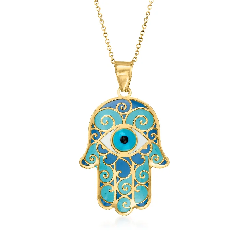 Shop Trending Jewelry With Exclusive Savings Essentials On Sale Ross-Simons Blue Enamel Hamsa Hand Pendant Necklace in 14kt Yellow Gold Shop Trending Jewelry With Exclusive Savings Essentials On Sale Ross-Simons Blue Enamel Hamsa Hand Pendant Necklace in 14kt Yellow Gold