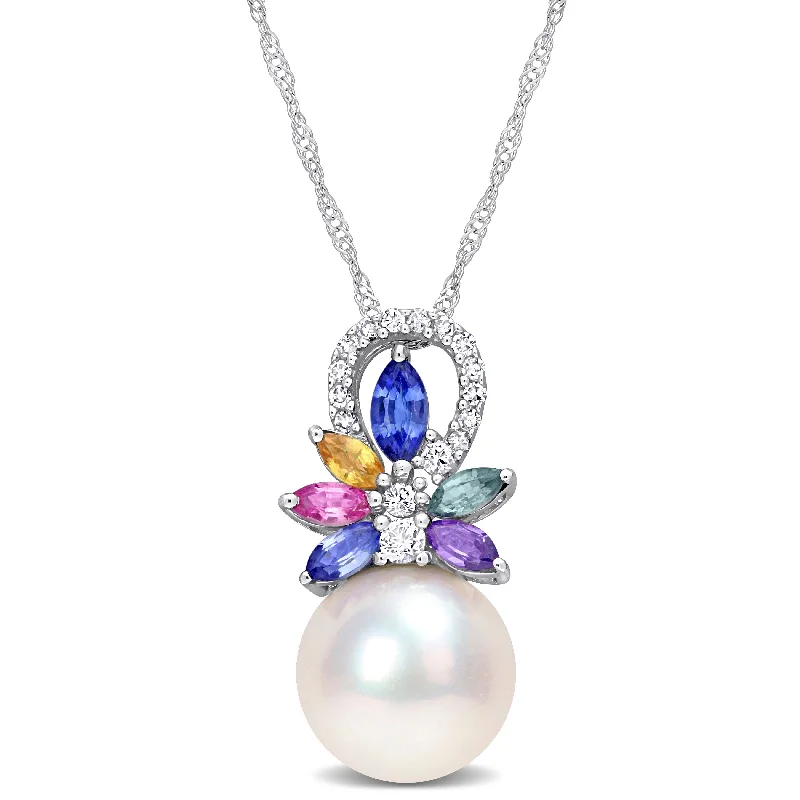 Get Your Favorite Jewelry At The Best Price Exclusive Sale 9.5-10 MM Cultured Freshwater Pearl and 4/5 CT TGW Multi Sapphire (Light Blue, White, Yellow, Pink, Purple & Green) and Diamond Accent Flower Pendant with Chain in 14k White Gold Get Your Favorite Jewelry At The Best Price Exclusive Sale 9.5-10 MM Cultured Freshwater Pearl and 4/5 CT TGW Multi Sapphire (Light Blue, White, Yellow, Pink, Purple & Green) and Diamond Accent Flower Pendant with Chain in 14k White Gold