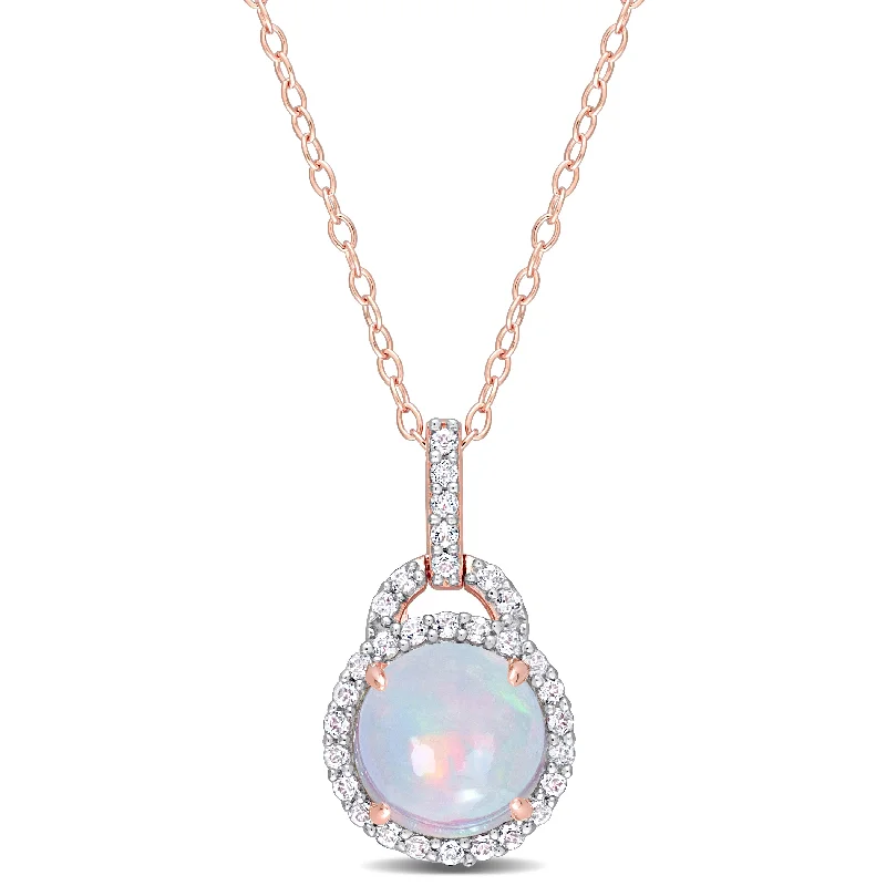 Make Your Outfit Shine With Discounted Jewelry Stylish Savings 3 1/4 CT TGW Blue Ethiopian Opal and White Topaz Halo Pendant with Chain in Rose Plated Sterling Silver Make Your Outfit Shine With Discounted Jewelry Stylish Savings 3 1/4 CT TGW Blue Ethiopian Opal and White Topaz Halo Pendant with Chain in Rose Plated Sterling Silver