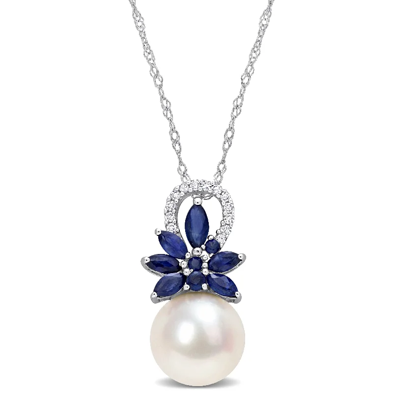 Chic, Trendy, And Affordable Jewelry Sale Budget-Friendly Fashion 9.5-10 MM Cultured Freshwater Pearl and 3/8 CT TGW Sapphire and nd Diamond Accent Flower Pendant with Chain in 14k White Gold Chic, Trendy, And Affordable Jewelry Sale Budget-Friendly Fashion 9.5-10 MM Cultured Freshwater Pearl and 3/8 CT TGW Sapphire and nd Diamond Accent Flower Pendant with Chain in 14k White Gold