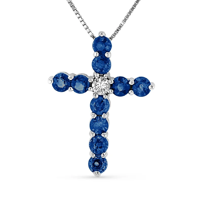 Modern Statement Jewelry For Bold Styling Timeless Elegance Sale 1.27ctw Diamond and Sapphire Cross Pendant in 14k White Gold