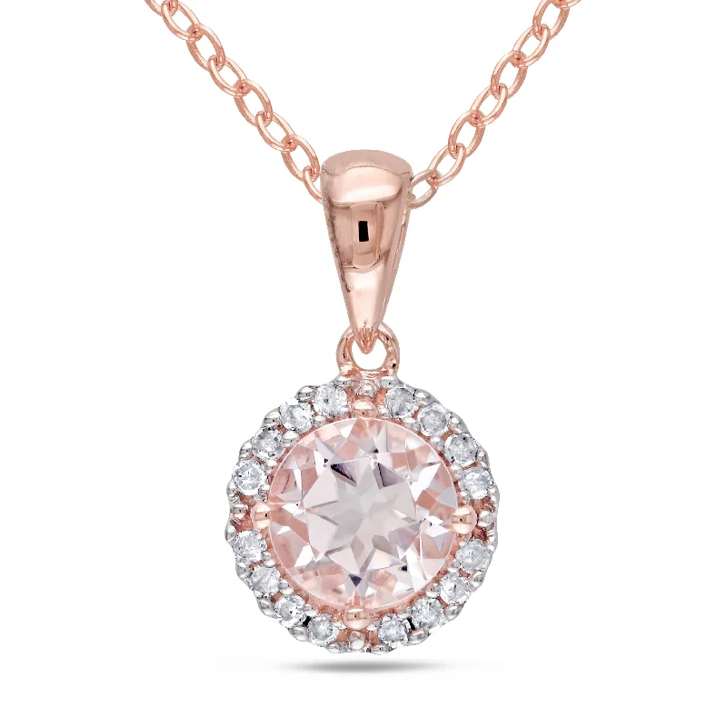 Fashion-Forward Geometric Jewelry For Contemporary Style Shop Sale Items Morganite and 1/10 CT TW Diamond Halo Necklace in Rose Plated Sterling Silver Fashion-Forward Geometric Jewelry For Contemporary Style Shop Sale Items Morganite and 1/10 CT TW Diamond Halo Necklace in Rose Plated Sterling Silver