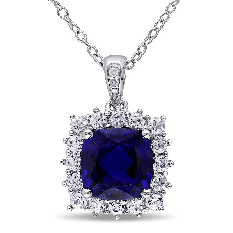 The Biggest Jewelry Sale Of The Year Is Here Summer Fashion 3 3/5 CT TGW Created Blue and Created White Sapphire and Diamond Halo Pendant with Chain in Sterling Silver The Biggest Jewelry Sale Of The Year Is Here Summer Fashion 3 3/5 CT TGW Created Blue and Created White Sapphire and Diamond Halo Pendant with Chain in Sterling Silver