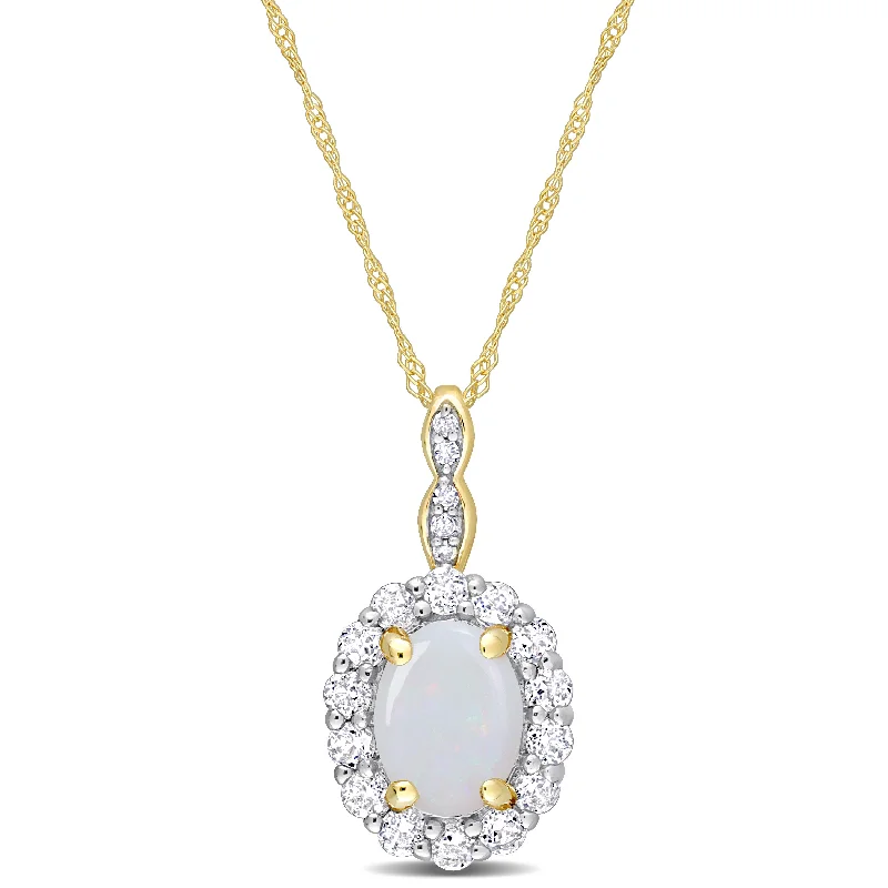Jewelry Sale – Exclusive Styles At Lower Prices Hot Trends 1 1/2 CT TGW Oval Shape Opal and White Topaz and Diamond Accent Halo Pendant with Chain in 14K Yellow Gold Jewelry Sale – Exclusive Styles At Lower Prices Hot Trends 1 1/2 CT TGW Oval Shape Opal and White Topaz and Diamond Accent Halo Pendant with Chain in 14K Yellow Gold