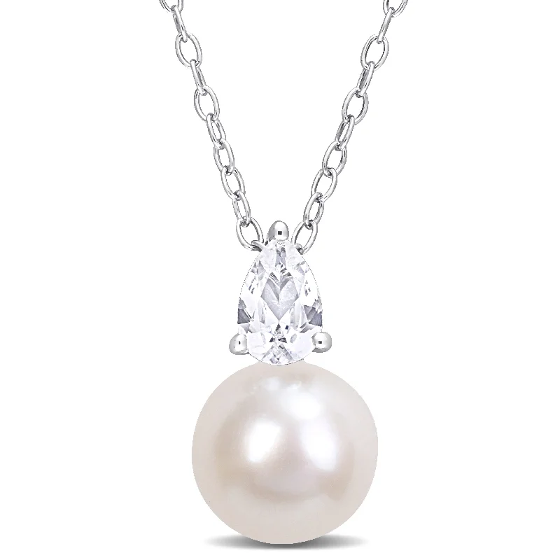Unique Jewelry For Less – Shop The Sale Now Save Big 8.5-9 MM White Freshwater Cultured Pearl and 5/8 CT TGW Created White Sapphire Solitaire Pendant with Chain in Sterling Silver