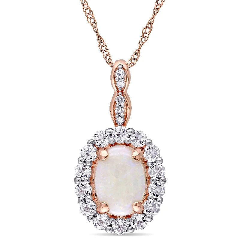 Grab Exquisite Jewelry At The Lowest Prices Fashion Essentials 1 1/2 CT TGW Oval Shape Opal, White Topaz and Diamond Accent Vintage Pendant With Chain in 14K Rose Gold