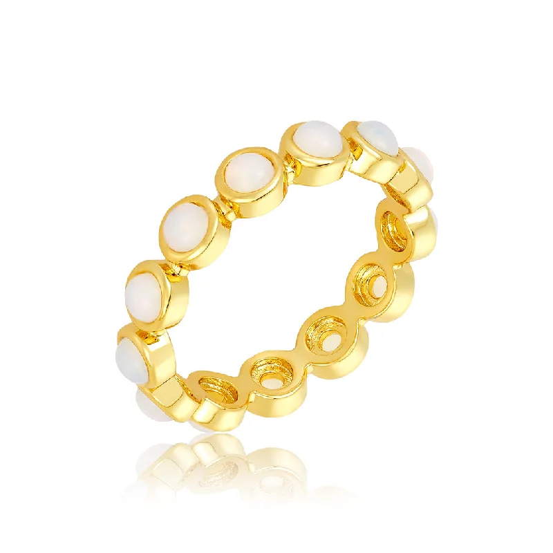 Modern Statement Jewelry For Bold Styling Fashionista Favorites 14k Gold Plated 4mm Bezeled Opalite Eternity Band Ring Modern Statement Jewelry For Bold Styling Fashionista Favorites 14k Gold Plated 4mm Bezeled Opalite Eternity Band Ring