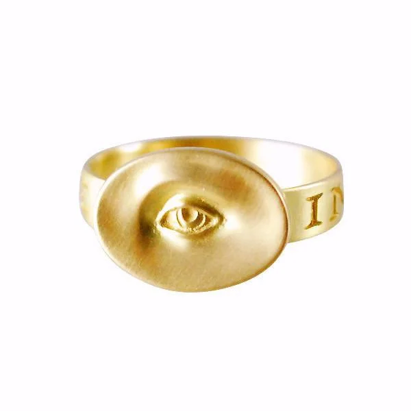 Customized Silver Jewelry For Unique Style Gabriella Kiss 10k Small Eye Love Token Ring Inscribed with "Invigilare" Customized Silver Jewelry For Unique Style Gabriella Kiss 10k Small Eye Love Token Ring Inscribed with "Invigilare"