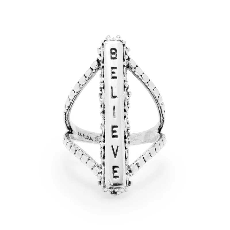 Personalized Engraved Jewelry For Meaningful Gifts Stylish Looks Sterling Silver Flat Jawan & Filigree "Believe" Ring Medium Statement Personalized Engraved Jewelry For Meaningful Gifts Stylish Looks Sterling Silver Flat Jawan & Filigree "Believe" Ring Medium Statement