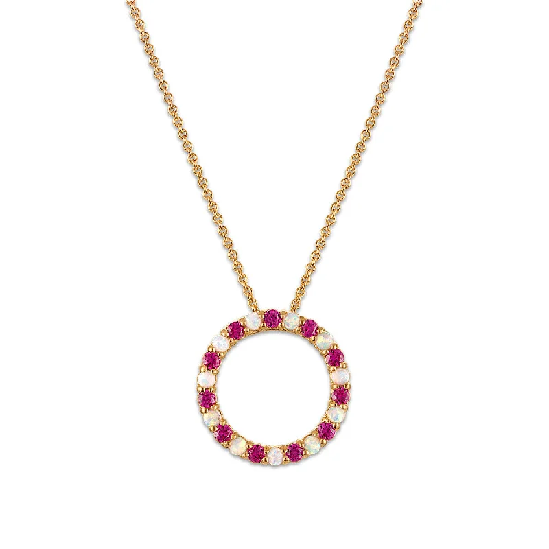 Jewelry Deals That Outshine The Rest Evening Elegance 2MM Round Ruby and Opal 18-inch Circle Pendant in Yellow Gold Plated Sterling Silver Jewelry Deals That Outshine The Rest Evening Elegance 2MM Round Ruby and Opal 18-inch Circle Pendant in Yellow Gold Plated Sterling Silver