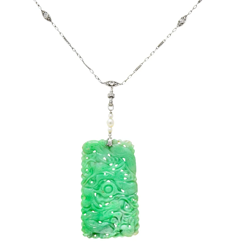 Chic And Stylish Jewelry At Exclusive Prices Unbeatable Prices Art Deco Old European Cut Diamond Pearl Carved Jade Platinum Serpent Lavalier Drop Necklace Chic And Stylish Jewelry At Exclusive Prices Unbeatable Prices Art Deco Old European Cut Diamond Pearl Carved Jade Platinum Serpent Lavalier Drop Necklace