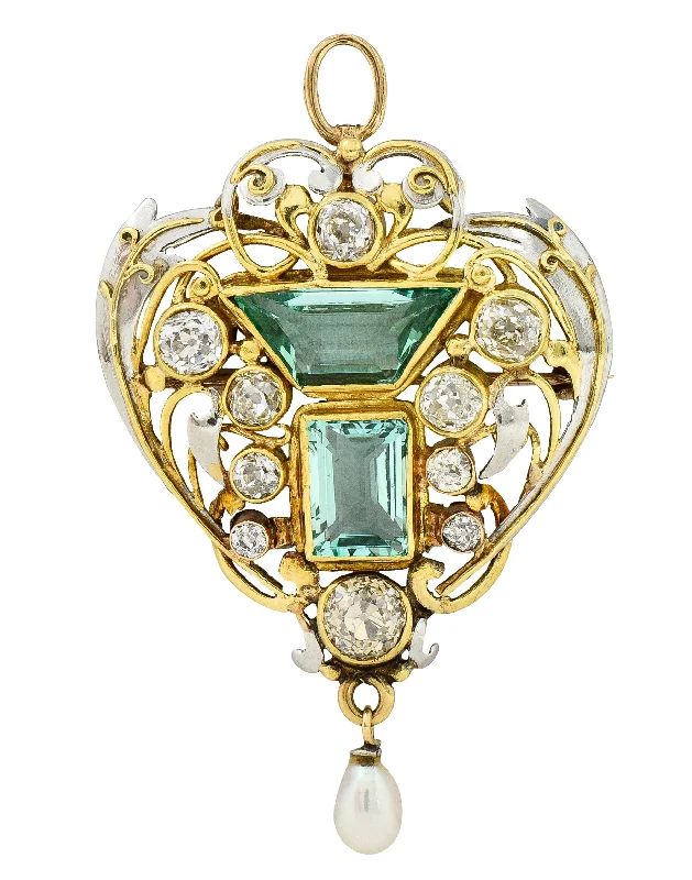 Romantic Heart-Shaped Jewelry For Special Gifts Sporty Fashion Offers Arts & Crafts 8.80 CTW No Oil Emerald Diamond Pearl Platinum 18 Karat Yellow Gold Scrolling Foliate Antique Pendant Brooch GIA Romantic Heart-Shaped Jewelry For Special Gifts Sporty Fashion Offers Arts & Crafts 8.80 CTW No Oil Emerald Diamond Pearl Platinum 18 Karat Yellow Gold Scrolling Foliate Antique Pendant Brooch GIA