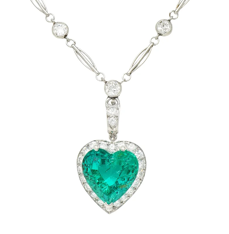 Last Chance To Shop High-End Jewelry At Markdown Prices Seasonal Trends Exceptional 14.64 CTW Heart Cut Colombian Emerald Diamond Platinum Vintage 1950's Enhancer Pendant Necklace AGL Heart