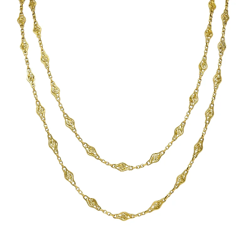 Bold And Beautiful Jewelry Now At Irresistible Prices Chic Style Discounts French 18 Karat Yellow Gold Victorian Scrolling Navette Link 60 IN Long Antique Chain Necklace Bold And Beautiful Jewelry Now At Irresistible Prices Chic Style Discounts French 18 Karat Yellow Gold Victorian Scrolling Navette Link 60 IN Long Antique Chain Necklace