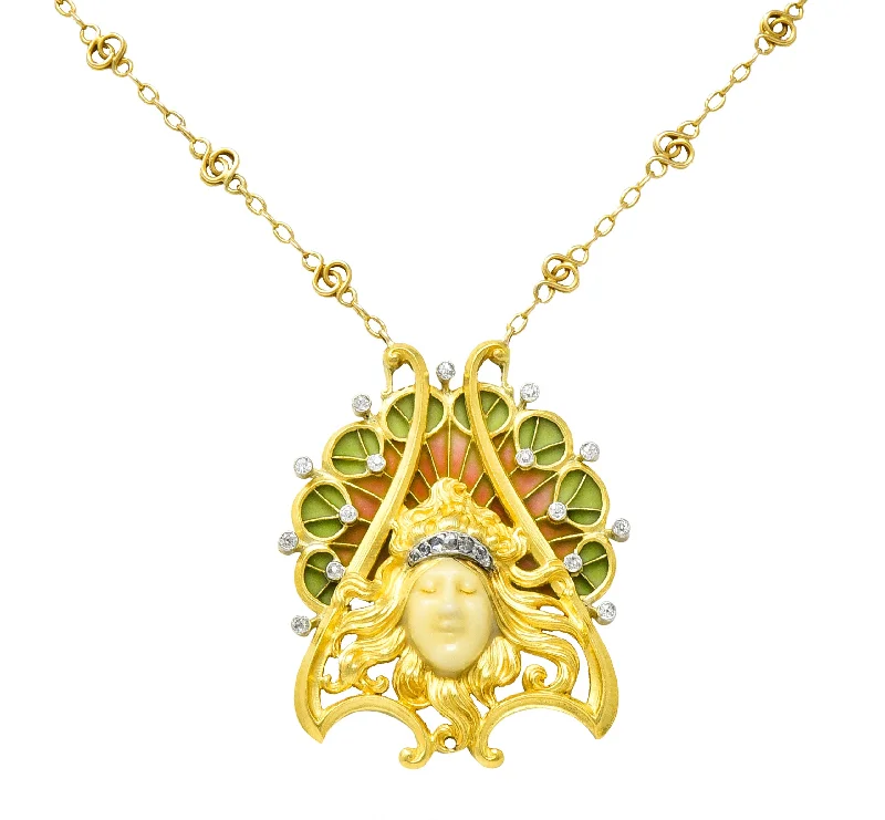 Affordable Luxury Jewelry For Every Occasion New Season Fashion Preview Sale French Art Nouveau Diamond Plique-A-Jour Enamel Platinum-Topped 18 Karat Yellow Gold Lady Antique Station Necklace Affordable Luxury Jewelry For Every Occasion New Season Fashion Preview Sale French Art Nouveau Diamond Plique-A-Jour Enamel Platinum-Topped 18 Karat Yellow Gold Lady Antique Station Necklace