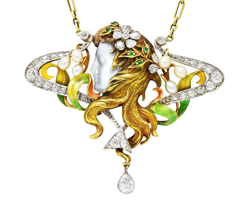 Luxury Jewelry At Unbeatable Discounts Massive Selection Sale Substantial Art Nouveau Moonstone Enamel Diamond Emerald Platinum 18 Karat Gold Goddess Antique Pendant Necklace Luxury Jewelry At Unbeatable Discounts Massive Selection Sale Substantial Art Nouveau Moonstone Enamel Diamond Emerald Platinum 18 Karat Gold Goddess Antique Pendant Necklace