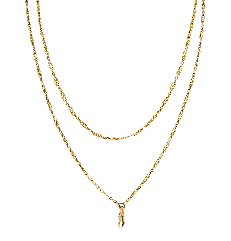 Delicate Crystal Jewelry For Sophisticated Charm Street Style Discounts Victorian 14 Karat Yellow Gold Infinity Link 64 1/2 IN Long Antique Fob Chain Necklace Delicate Crystal Jewelry For Sophisticated Charm Street Style Discounts Victorian 14 Karat Yellow Gold Infinity Link 64 1/2 IN Long Antique Fob Chain Necklace