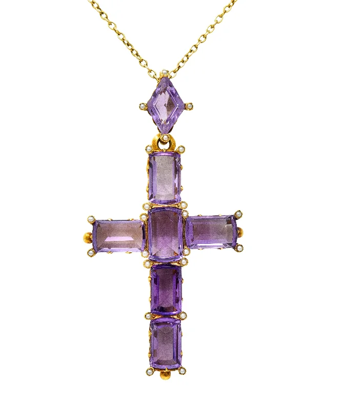 Affordable Luxury Jewelry For Every Occasion Budget Friendly Victorian 24.50 CTW Amethyst Pearl 14 Karat Yellow Gold Cross Antique Pendant Necklace Affordable Luxury Jewelry For Every Occasion Budget Friendly Victorian 24.50 CTW Amethyst Pearl 14 Karat Yellow Gold Cross Antique Pendant Necklace