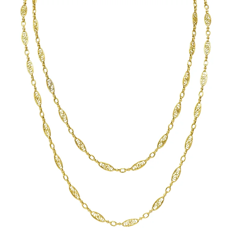 Shine Without Limits – Jewelry Sale Happening Now Must-Have Style Discounts Victorian French 18 Karat Yellow Gold Scrolling Navette Link 40 IN Long Antique Chain Necklace Shine Without Limits – Jewelry Sale Happening Now Must-Have Style Discounts Victorian French 18 Karat Yellow Gold Scrolling Navette Link 40 IN Long Antique Chain Necklace