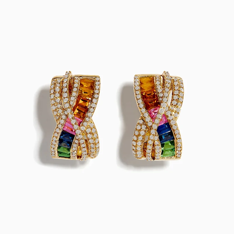 Affordable Luxury Jewelry For Every Occasion Limited Styles 14K Yellow Gold Multi Color Sapphire and Diamond Crossover Hoop Earrings Affordable Luxury Jewelry For Every Occasion Limited Styles 14K Yellow Gold Multi Color Sapphire and Diamond Crossover Hoop Earrings