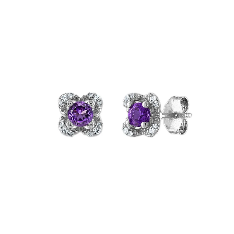 Shop Dazzling Jewelry With Special Promotional Discounts Bid Farewell To The Old Season 4MM Round Amethyst and White Sapphire Birthstone Flower Halo Earrings in Sterling Silver Shop Dazzling Jewelry With Special Promotional Discounts Bid Farewell To The Old Season 4MM Round Amethyst and White Sapphire Birthstone Flower Halo Earrings in Sterling Silver
