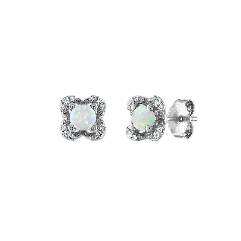 Everyday Jewelry Essentials Now On Sale Holiday Attire Sale 4MM Round Opal and White Sapphire Birthstone Flower Halo Earrings in Sterling Silver Everyday Jewelry Essentials Now On Sale Holiday Attire Sale 4MM Round Opal and White Sapphire Birthstone Flower Halo Earrings in Sterling Silver