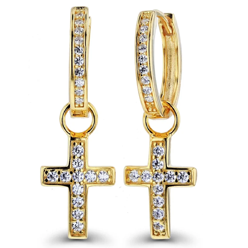 Luxury Meets Affordability – Jewelry Sale Now Live Sophisticated Style Offers Luxe Layers 14KT Yellow Gold Plated Sterling Silver Round Cubic Zirconia 9X30MM Cross Hoop Drop & Dangle Earrings