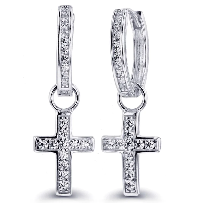 Handcrafted Beauty At Affordable Prices Exclusive Designer Style Deals Luxe Layers Rhodium Plated Sterling Silver Round Cubic Zirconia 9X30MM Cross Hoop Drop & Dangle Earrings