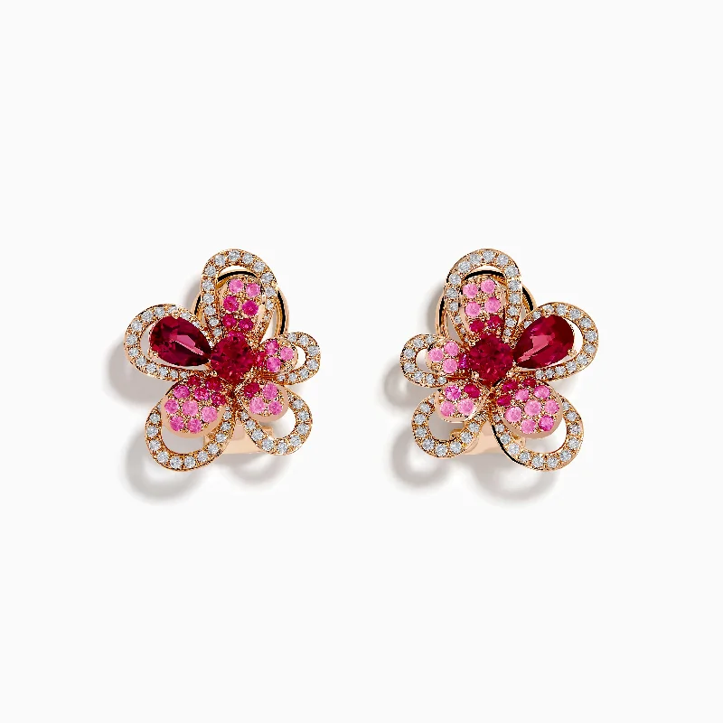 Shop Jewelry That Shines Without The High Price Elegant Fashion Offers Nature 14K Rose Gold Pink Sapphire, Rhodolite and Diamond Flower Earrings Shop Jewelry That Shines Without The High Price Elegant Fashion Offers Nature 14K Rose Gold Pink Sapphire, Rhodolite and Diamond Flower Earrings