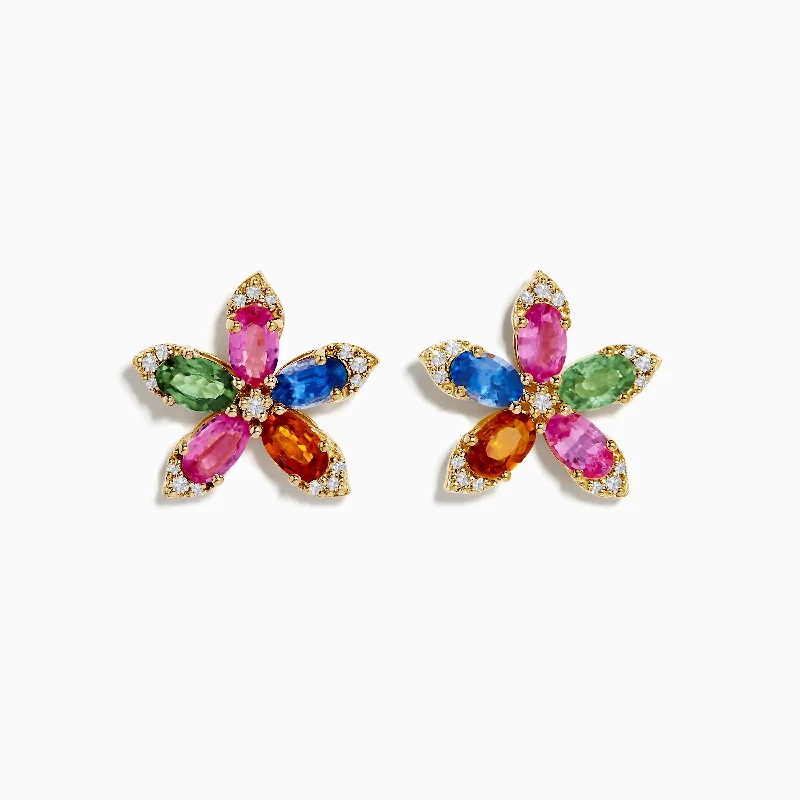 Shop Stylish Jewelry Now And Save Big Mega Sale Watercolors 14K Yellow Gold Multi Sapphire and Diamond Flower Earrings