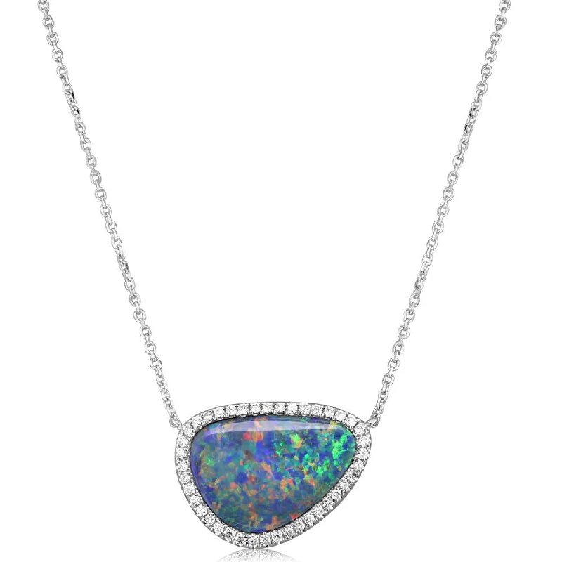 Stunning Jewelry Pieces At The Lowest Prices Ever End-Of-Season Clearance 14K White Gold Australian Opal Doublet/Diamond Neckpiece Stunning Jewelry Pieces At The Lowest Prices Ever End-Of-Season Clearance 14K White Gold Australian Opal Doublet/Diamond Neckpiece