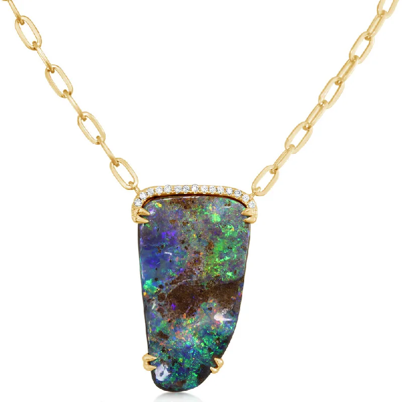Upgrade Your Jewelry Collection For Less Chic Style, Always In Vogue 14K Yellow Gold Australian Boulder Opal/Diamond Neckpiece Upgrade Your Jewelry Collection For Less Chic Style, Always In Vogue 14K Yellow Gold Australian Boulder Opal/Diamond Neckpiece
