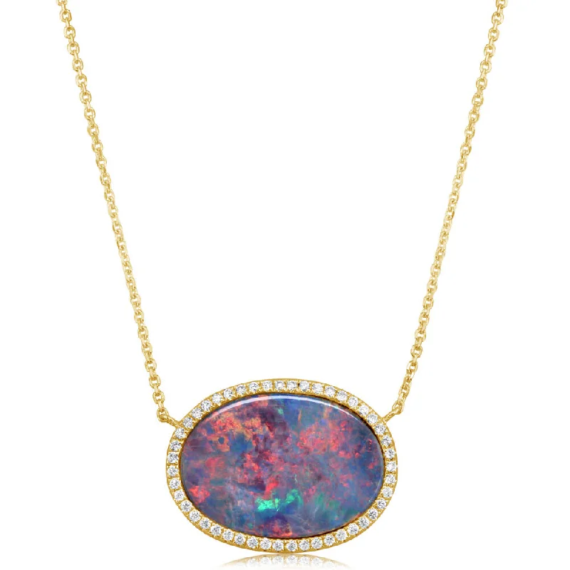 Premium Diamond Jewelry At Once-In-A-Lifetime Discounts Mega Sale 14K Yellow Gold Australian Opal Doublet/Diamond Neckpiece Premium Diamond Jewelry At Once-In-A-Lifetime Discounts Mega Sale 14K Yellow Gold Australian Opal Doublet/Diamond Neckpiece