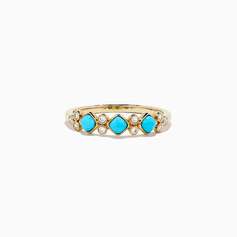 Stunning Statement Jewelry, Unbeatable Discounts Flash Sale Starts 14K Yellow Gold Turquoise and Diamond Ring, 0.39 TCW