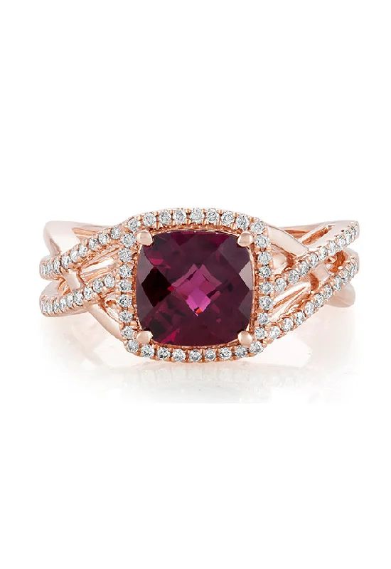 Delicate Crystal Jewelry For Sophisticated Charm Fashion Forward Femininity Bordeaux 14K Rose Gold Rhodolite Garnet and Diamond Ring, 3.31 TCW Delicate Crystal Jewelry For Sophisticated Charm Fashion Forward Femininity Bordeaux 14K Rose Gold Rhodolite Garnet and Diamond Ring, 3.31 TCW