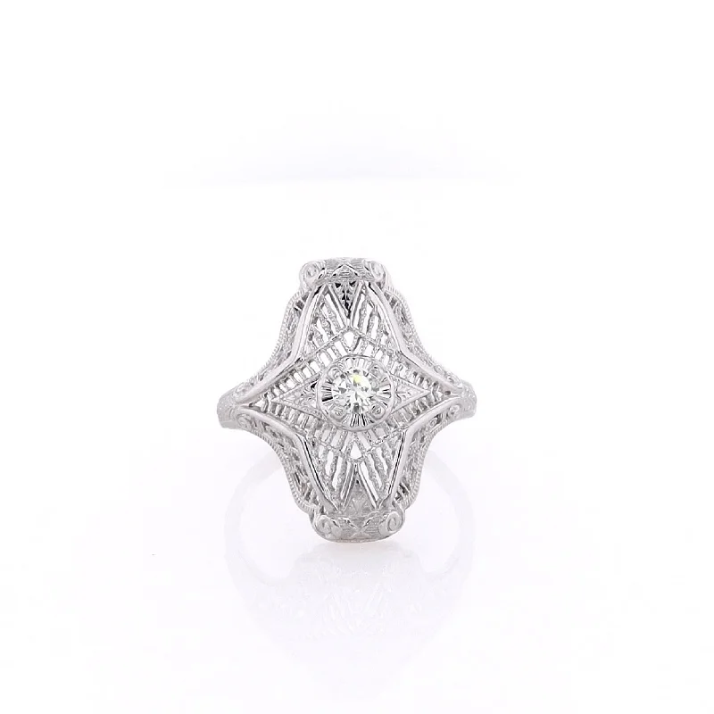 Get The Sparkle You Love At Prices You Adore Limited Stock, Big Discounts Estate 14 Karat White Gold Vintage Shield Shape Filagree Diamond Ring Get The Sparkle You Love At Prices You Adore Limited Stock, Big Discounts Estate 14 Karat White Gold Vintage Shield Shape Filagree Diamond Ring
