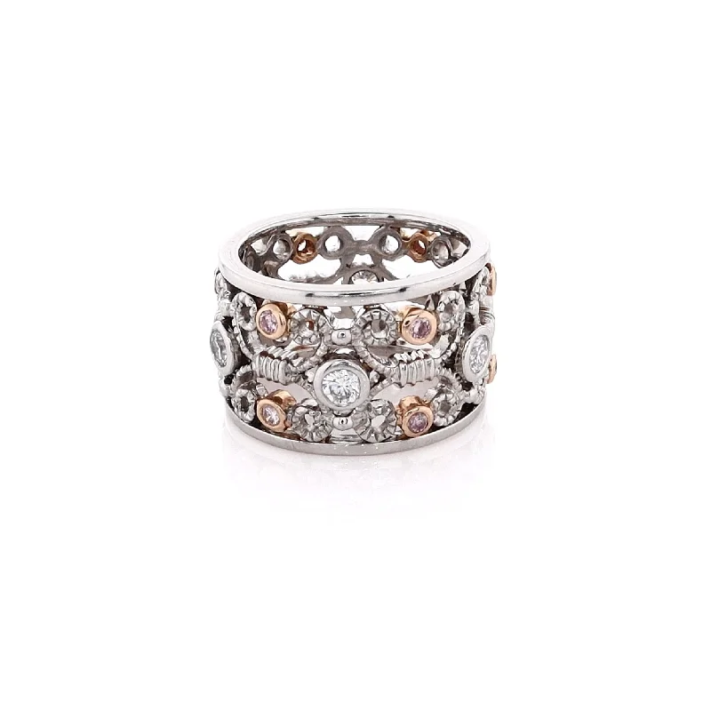 Luxury Meets Affordability – Jewelry Sale Live Now New Styles Just In Estate Platinum and 18k Rose Gold Wide Band Open Scrollwork Diamond Ring Luxury Meets Affordability – Jewelry Sale Live Now New Styles Just In Estate Platinum and 18k Rose Gold Wide Band Open Scrollwork Diamond Ring